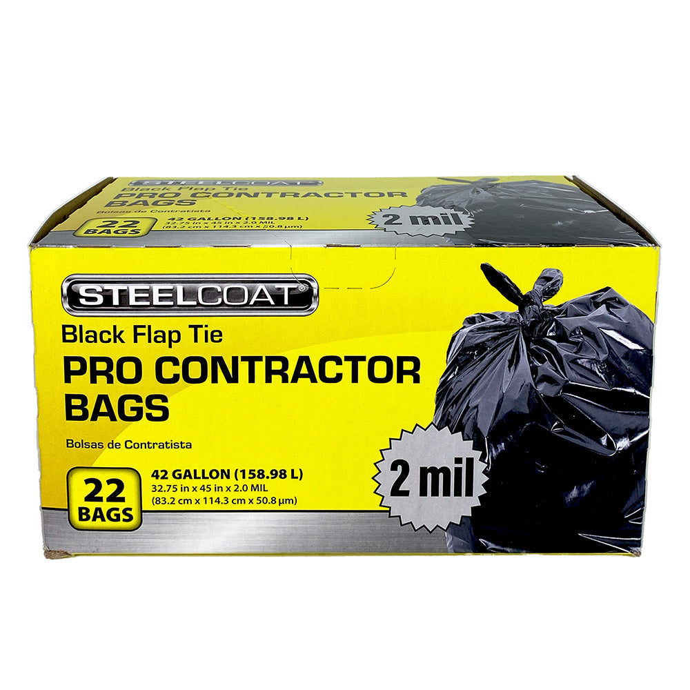 Pro Contractor Trash Bags, Flap Tie, 22ct, 42gallon, Black, 2mil Th