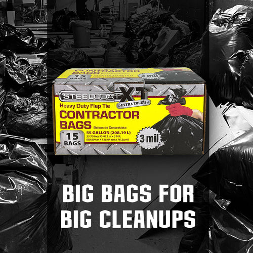 SteelCoat XL Extra Tough Pro Contractor Flap Tie Trash Bags, 55-Gallon, 2 Pack of 15-ct, 3 mil, Black