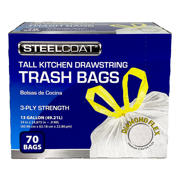 Tall Kitchen Trash Bags, 70-ct, 13-gallon, White, Diamond Stretch Tech, Drawstring