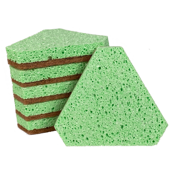 Ergo LP Scrub Sponge, 6-Pack, Less-Plastic, Ergonomic Shape for Light-Duty Cleaning, Green/Tan